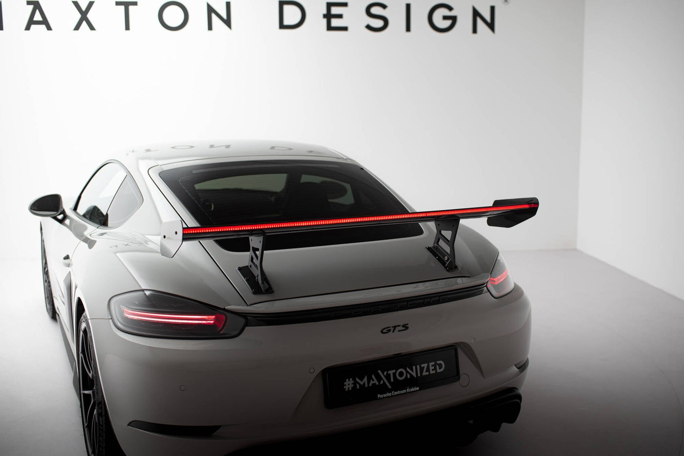 Porsche 718 Cayman Carbon Rear Wing — Internal Bracket Mount — vehicle view (LED)