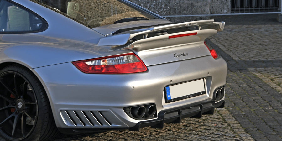Porsche 997 Turbo with Moshammer rear wing spoiler — rear three-quarter view